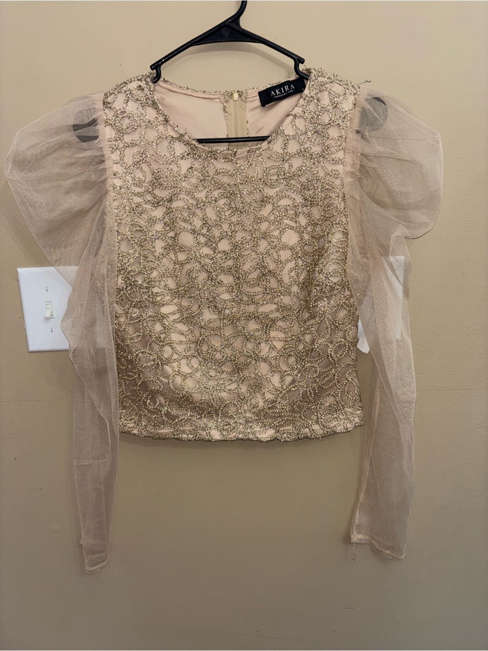AKIRA Blush Pink Embellished Tulle Sleeve Top